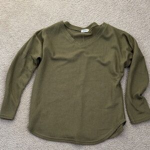 Olive Green Waffle Knit Long-Sleeve Loose fit Top